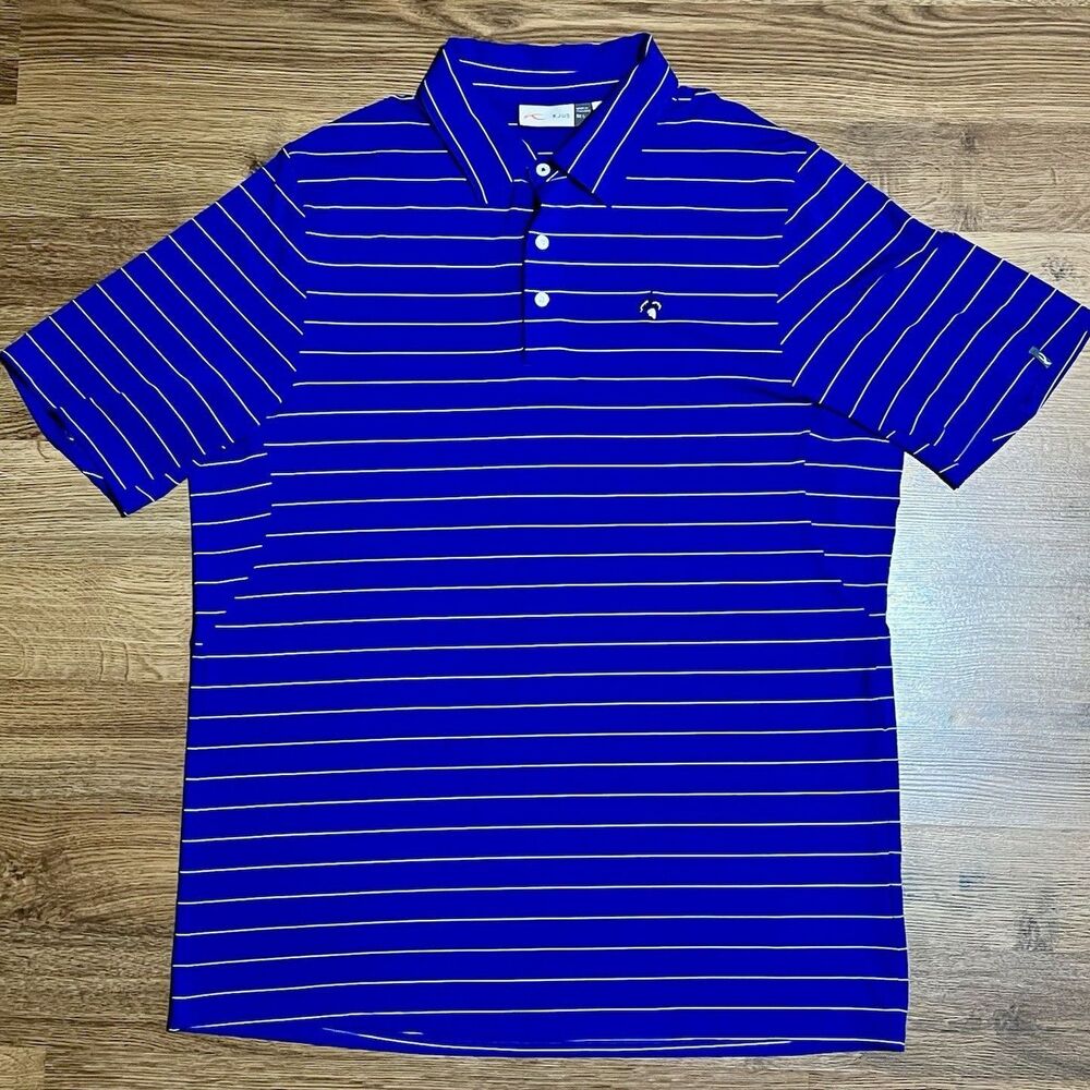 KJUS Polo Shirt Mens 52 Large Blue Stripe Golf Performance Pullover Short Sleeve